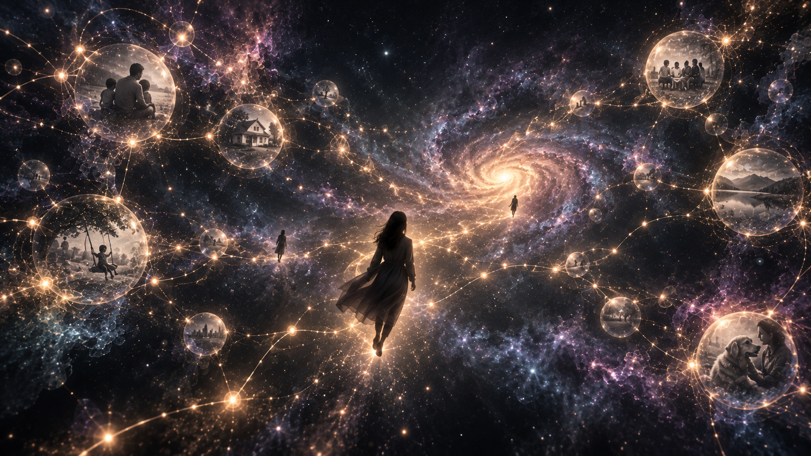未来想象图:一个独行的人面对广阔星河,周围散布着人物、房屋与生活场景构成的记忆空间。