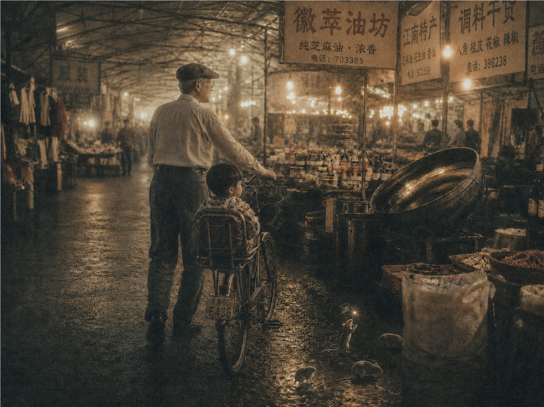 合成记忆主图:爷爷推着自行车,孩子坐在后座,穿过昏暗而繁忙的老市场。